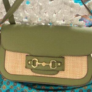 NWT Anne Klein E/W Straw Flap Convertible Shoulder Bag in Sea Kelp